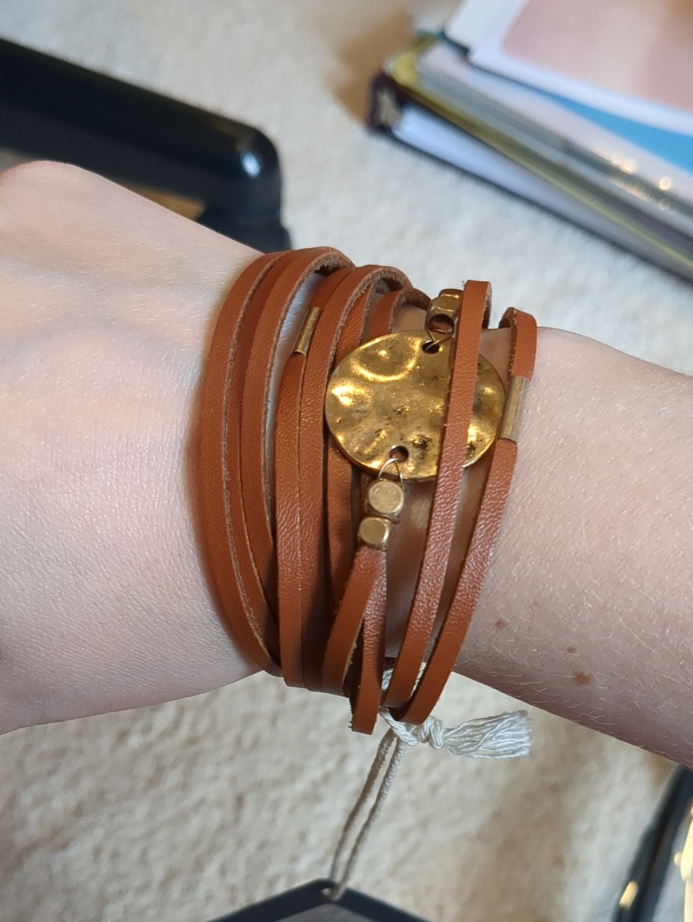 NWT Brown leather like bracelet wkth gold accents